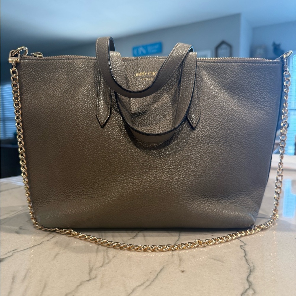 Jimmy Choo Taupe Leather Bria Tote S with Shoulder Strap - Unbranded Chain Strap